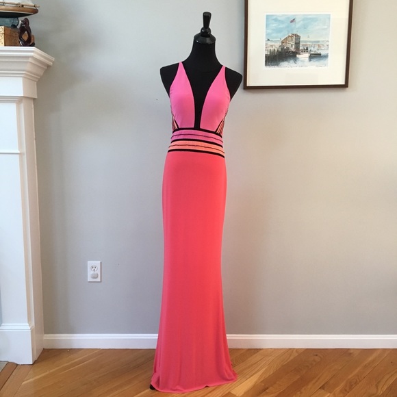 Mignon Prom Formal Color Block Gown Orange Pink - Picture 1 of 8